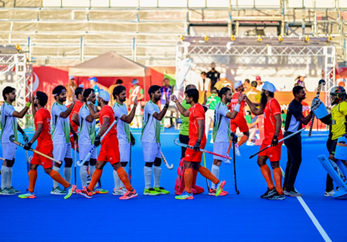 India hockey players celebrate a late winner against Pakistan at Asian Games 2026