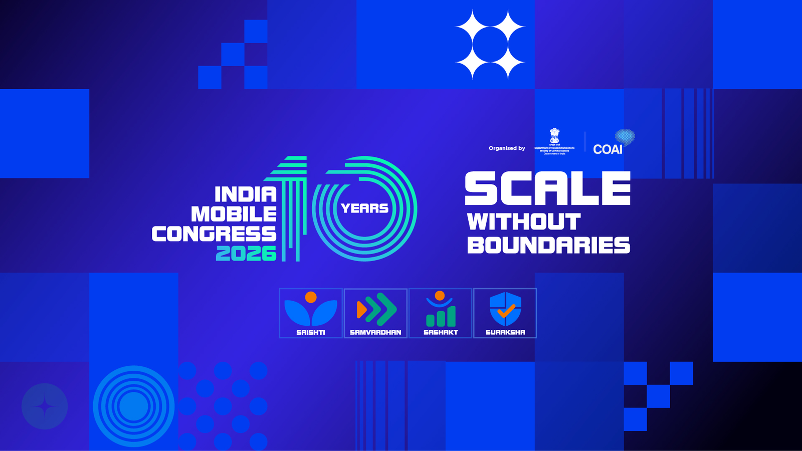 Conference stage banner reading Viksit Tech 47 at India Mobile Congress