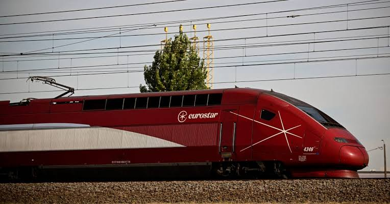 Mock up interior of Virgin cross Channel high speed train with seating and catering area
