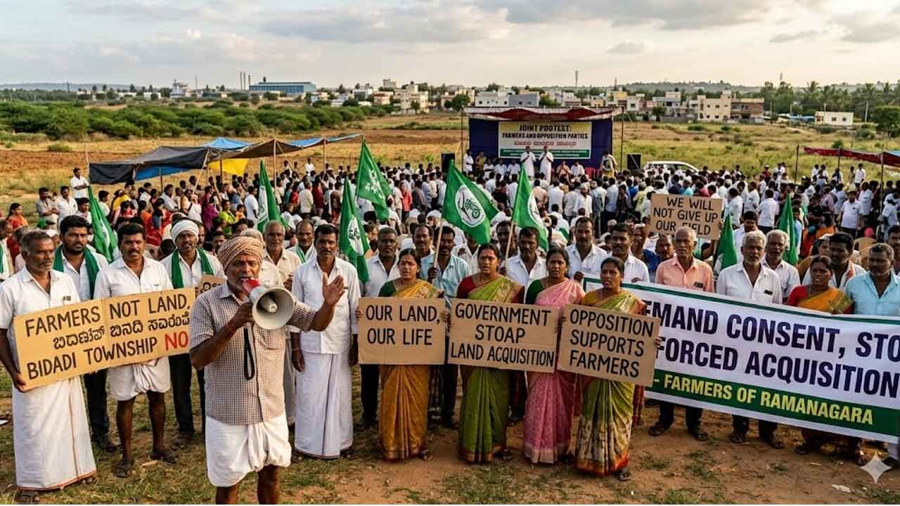 Farmers protesting on a highway with tractors and police water cannons under dark monsoon clouds