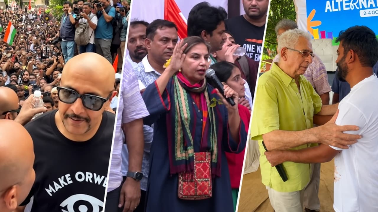 Crowd at Shivaji Park with Bollywood figures and protest banners