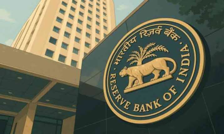 Indian stock exchange trading floor with rupee notes and RBI building image concept