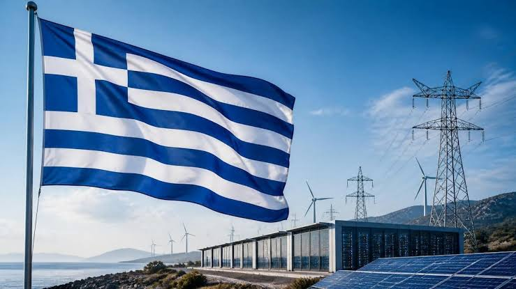 Exterior of a modern data centre with solar panels and wind turbines in the background