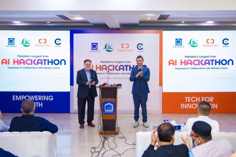 Teams presenting AI projects at a hackathon venue in Karachi