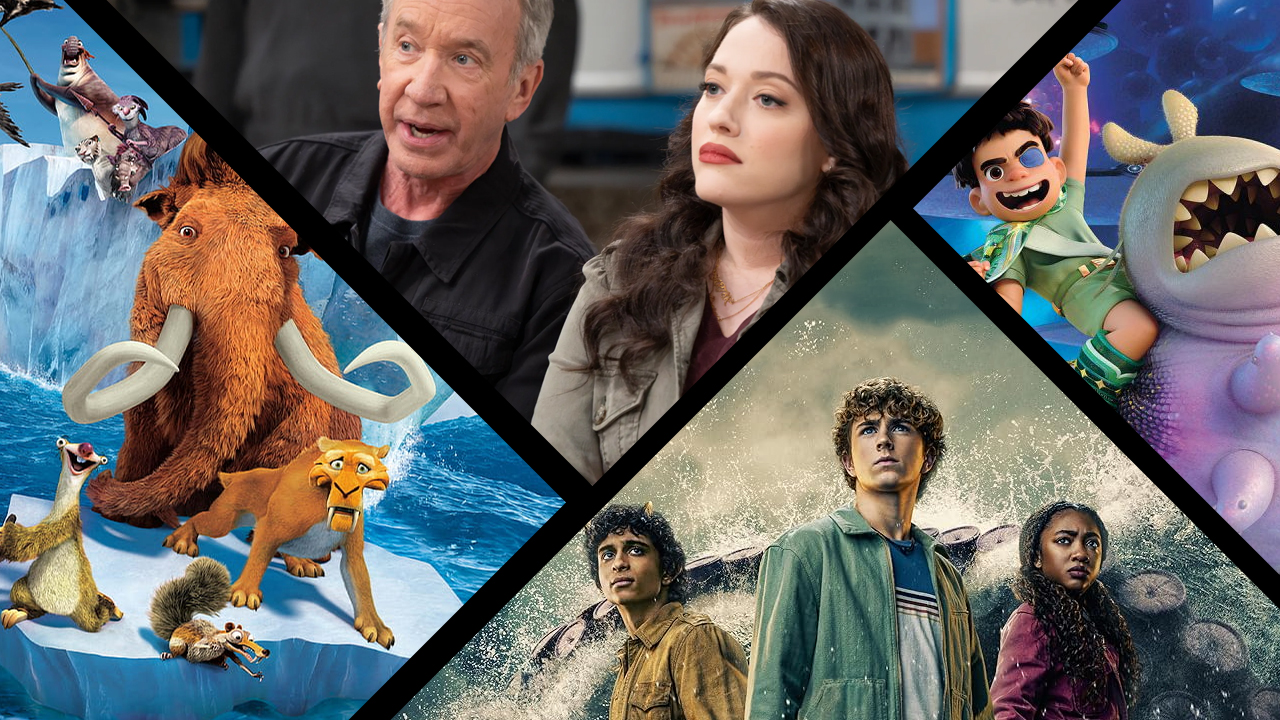 Characters from Ice Age and Percy Jackson branding side by side representing Disney titles arriving on Netflix