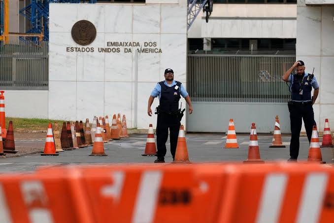 Security vehicle parked outside the US Embassy in Brasilia during heightened security ahead of Brazil election
