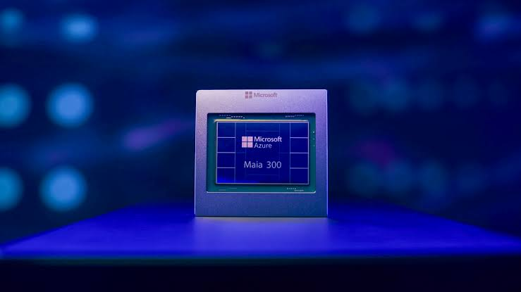 Microsoft Azure Maia 300 AI accelerator chip on blue background