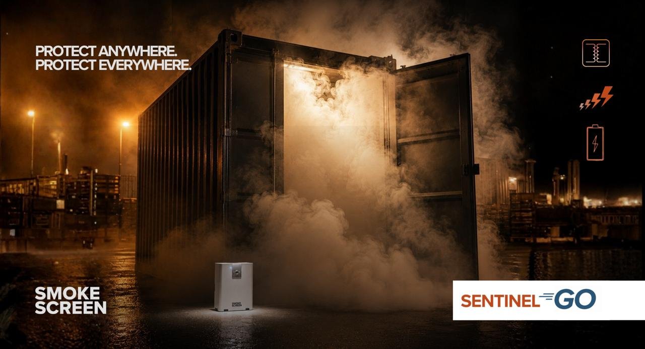 Smoke Screen connected security fog platform — network of monitored fog generators over brand charcoal background