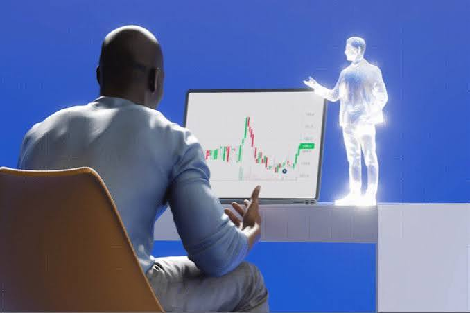 Traders on a stock exchange floor with digital AI graphics overlay
