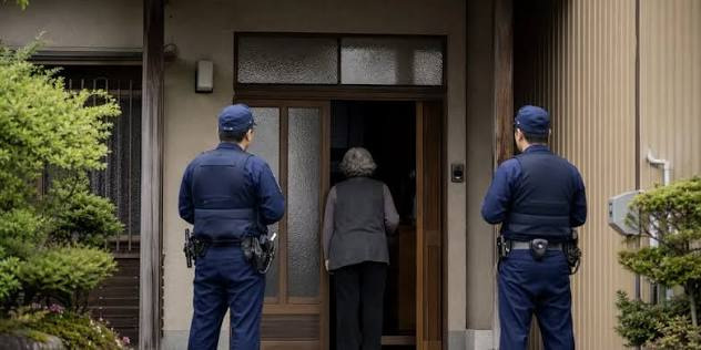 Elderly woman on phone with police station silhouette in background