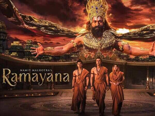 Crowd booking tickets for a Bollywood film; Ramayana poster in background