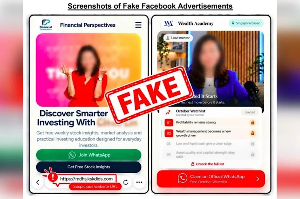 Computer screen showing fake Facebook ad and WhatsApp chat used in investment scams