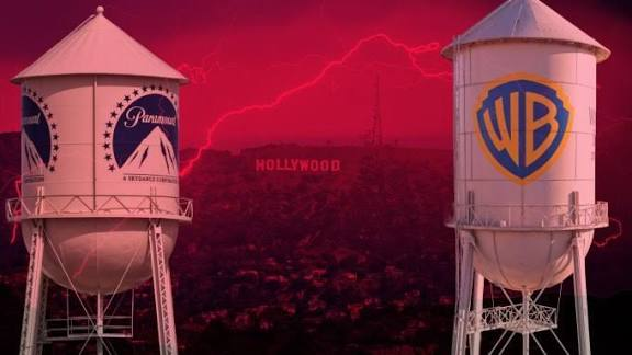 Paramount and Warner Bros. Discovery headquarters buildings at dusk