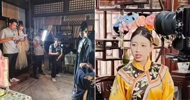 Tourists in period costume on a Hengdian World Studios street set being filmed