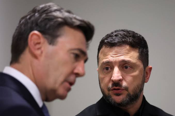 Prime Minister Andy Burnham greeting President Volodymyr Zelensky outside Downing Street