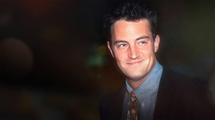 Silhouette of Matthew Perry overlaid with film reel imagery