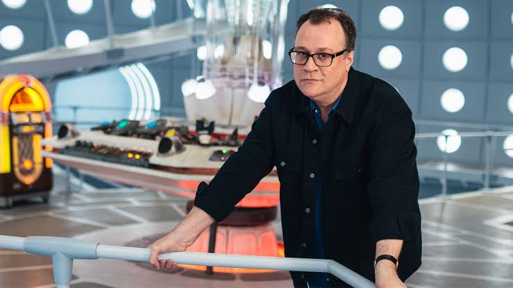 Russell T Davies portrait with book cover The Queerest of Folk
