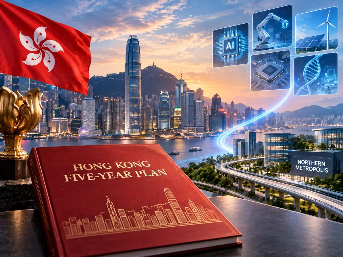 Hong Kong skyline with digital AI overlay